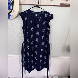 Navy Blue Floral Print T-shirt Dress with Belt